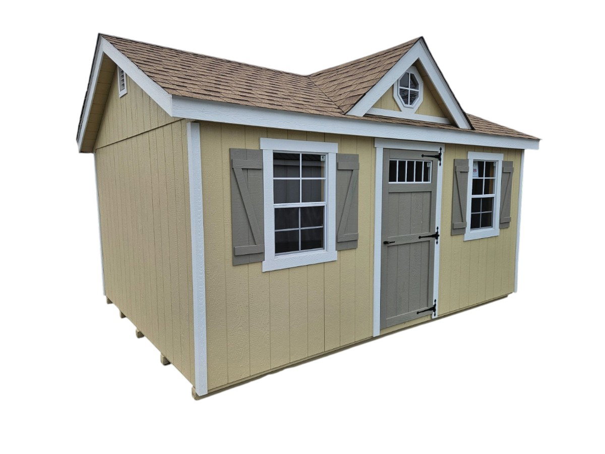Storage shed with gable dormer and shuttered windows from Waterloo Structure in Parkesburg PA